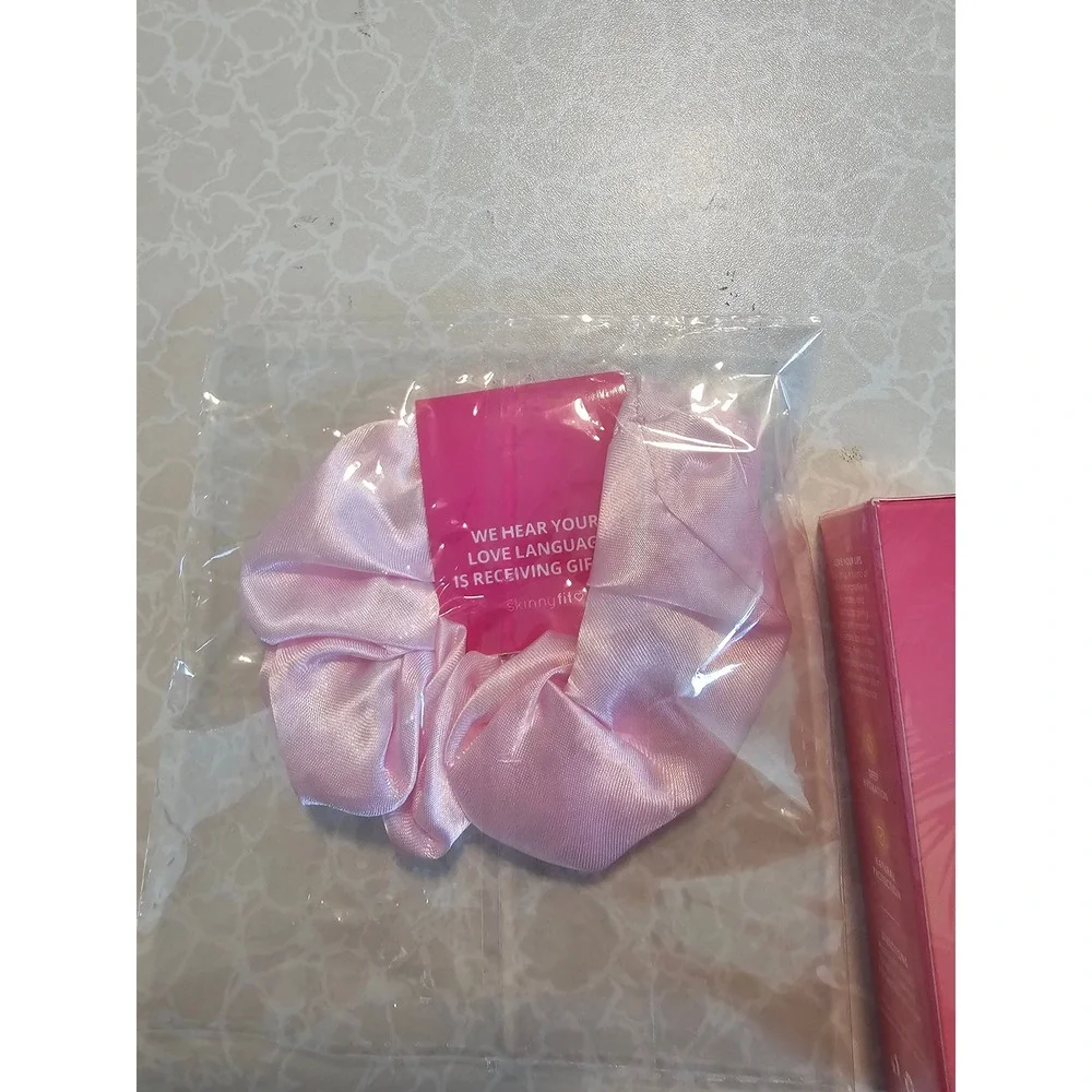 SkinnyFit Love Balm Berry Hydrating Lip Balm 0.35oz and Pink Satin Scrunchie Set